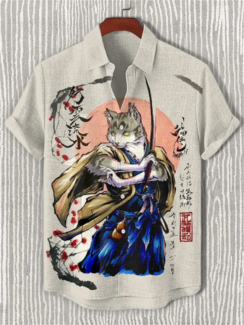 New men's linen short sleeved shirt lapel shirt wave pattern cat pattern short sleeved casual vacation clothing top