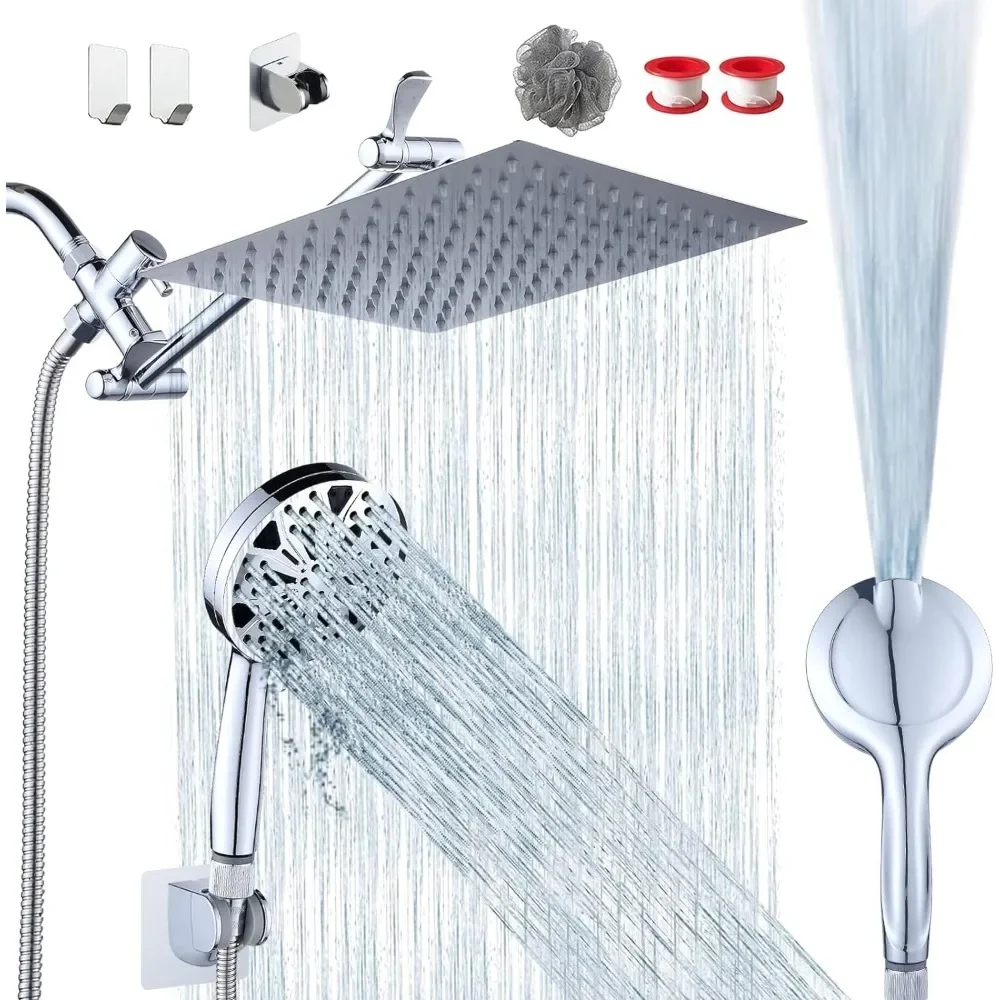 10''Rainfall Shower Head  8+2 MODE built-in power wash, Stainless Steel Chrome Showerhead with 11'' Extension Arm Height/Angle