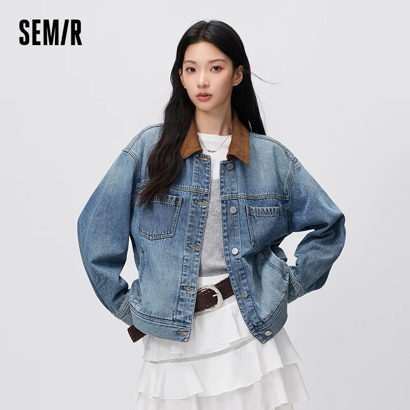Semir Women Jacket Denim Distressed Turn Down Collar Drop Shoulder Loose Fit 2026 Autumn Vintage Streetwear Outerwear