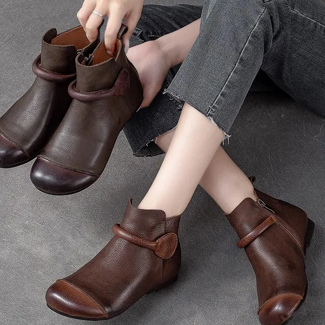 

Retro Style round Toe Flat Heel Cowhide Leather Women's Boots Simple Match All Season Fashion Boots Comfortable Casual Boots