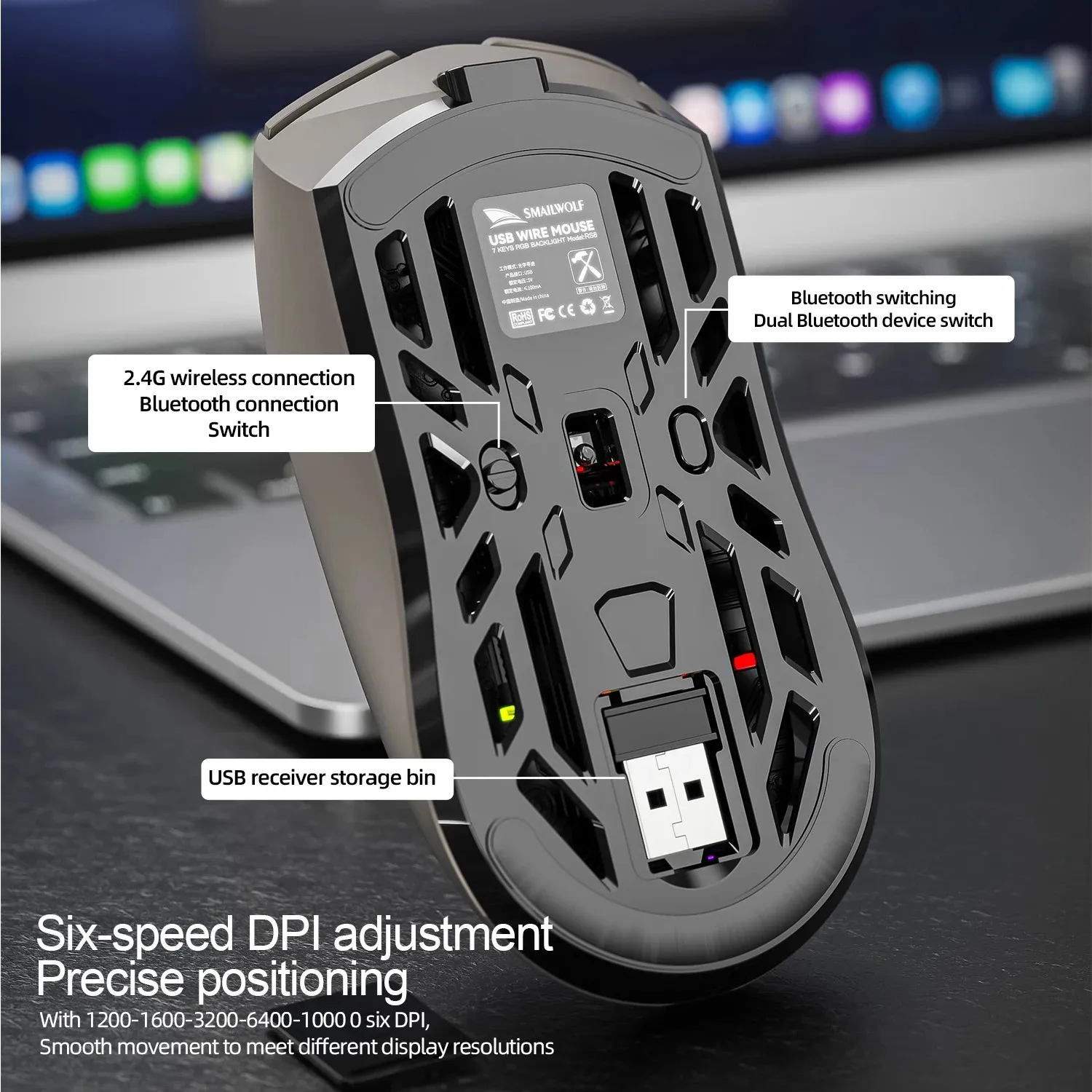 SmailWolf – souris de jeu ergonomique sans fil RS8, Tri-Mode avec conception creuse ultra-légère, 1000 Hz et autonomie de la batterie étendue