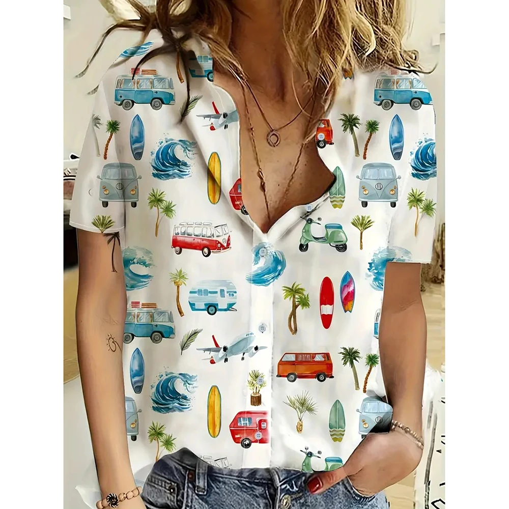 New Character Pattern Front Button Shirt Summer Women\'s Fashion Oversized Single Breasted Top Harajuku Daily For Office Lady