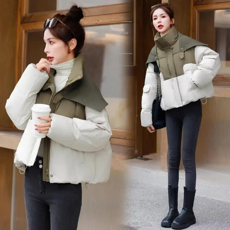 

Down Jacket Womens Combination Color Contrast Thicken Knitted 2025 new Winter Jacket Short White Duck Down Coat Female Tops