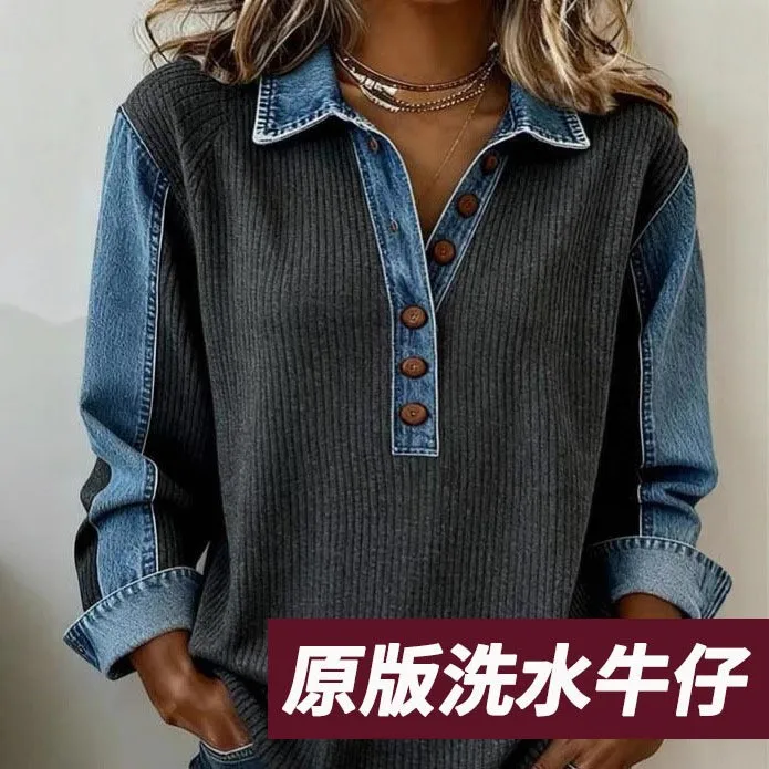 Lapel Loose Fit Top with Long Sleeve Commuter Style Edgy Streetwear Lapel Collar Pullover Closure Women Long Sleeve Shirt