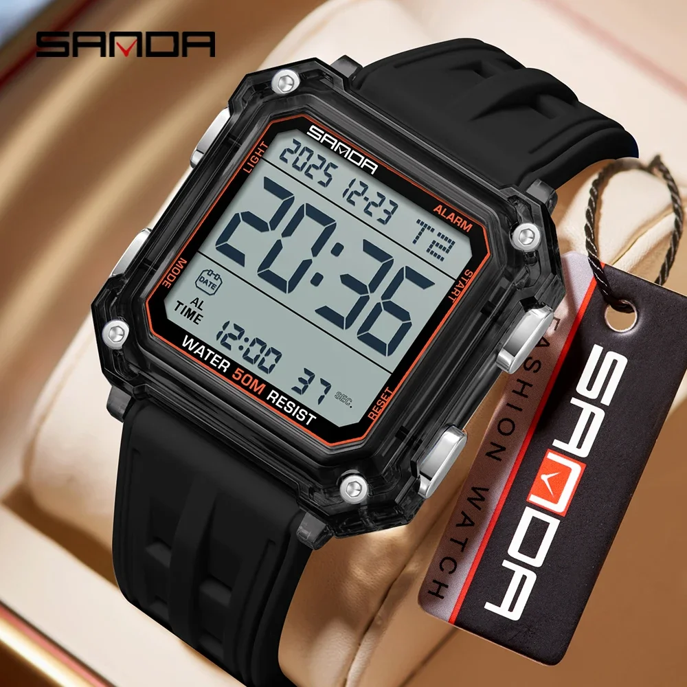 SANDA 6377 Fashion Student Electronic Watch Square Transparent Sports Multi Functional Waterproof LED Electronic Digital Watch