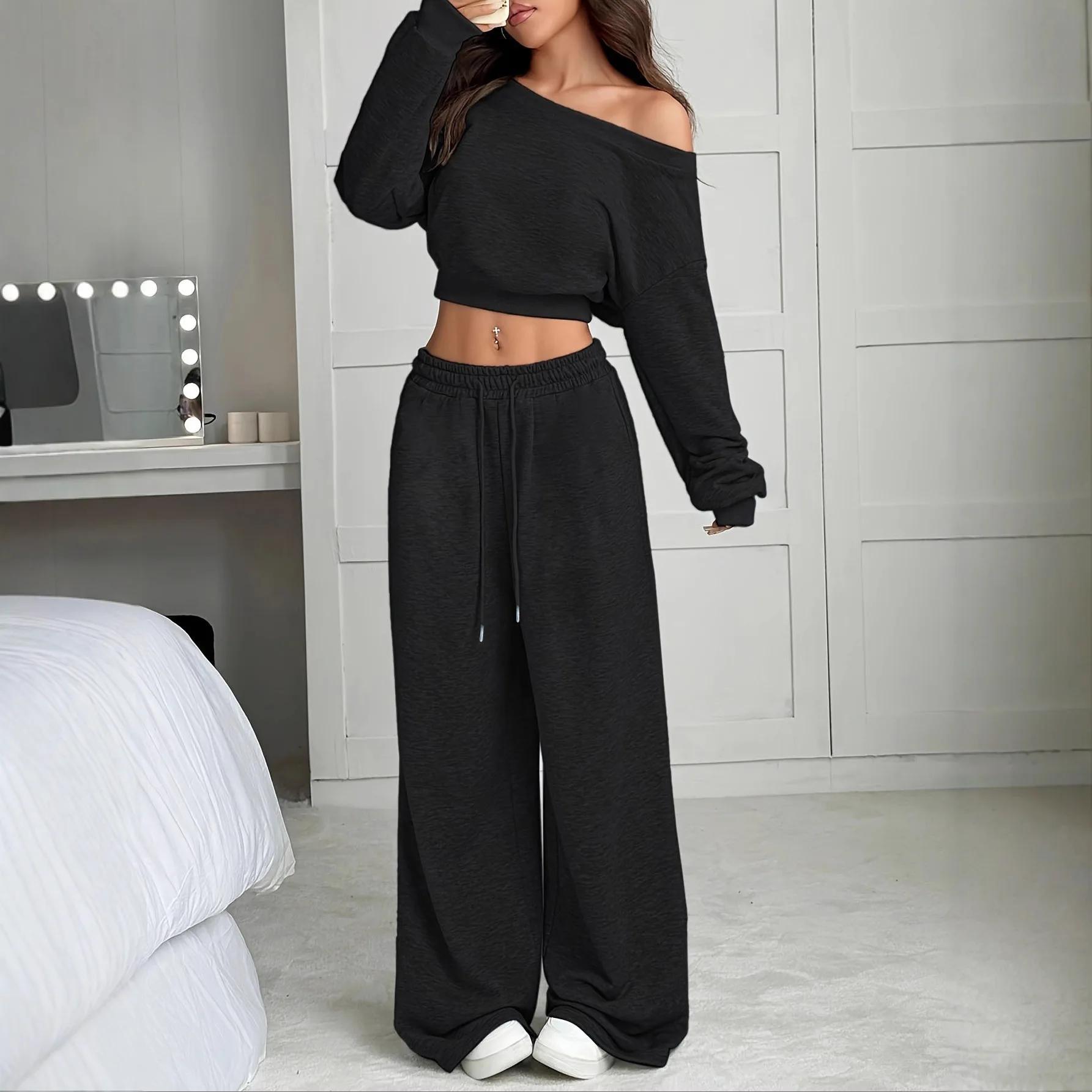 عادية الصلبة قبالة الكتف مجموعات للنساء موضة كم طويل قطري طوق القمم عالية الخصر بنطال ذو قصة أرجل واسعة 2 قطعة مجموعة سيدة