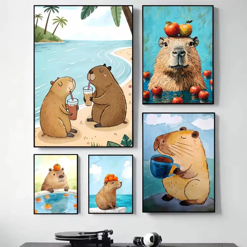 Cute Capybara Painting Painting Calligraphy Self Adhesive Wall Art Waterproof Print For Bedroom Living Room Hallway Home Decor
