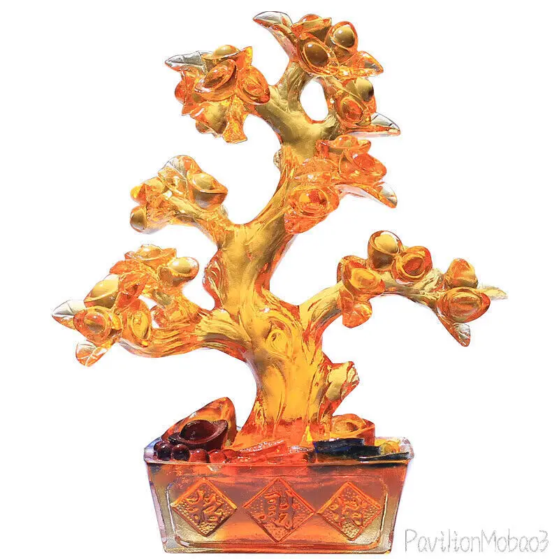 Chinese Liu Li Crystal Ingot Tree Statue Feng Shui Wealth Money Gift Decor