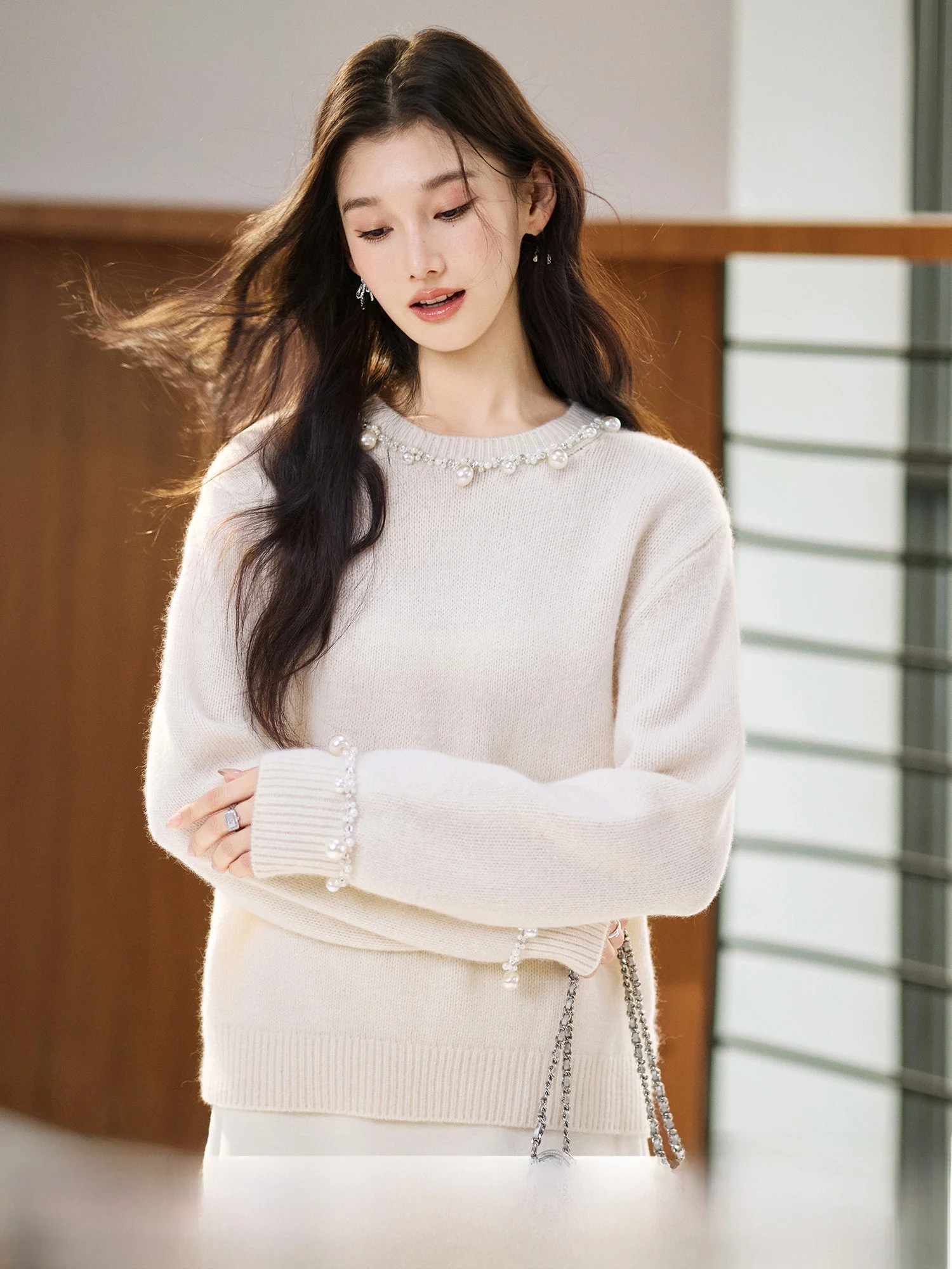 

Pearl Knitted Wool And Rabbit Fur Loose Women's Sweater High Quali Camere Comfortable Warm Winter round Ne Long Sve Top