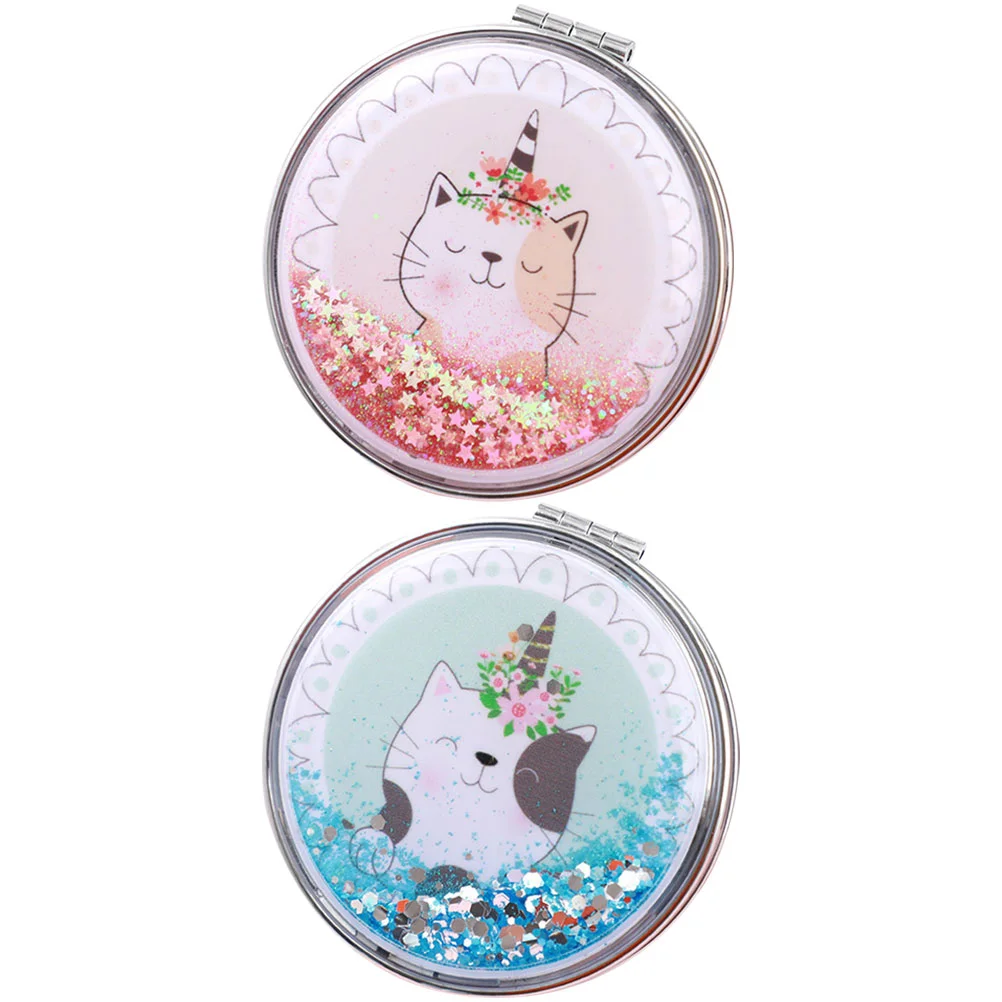 

2 Pcs Kitten Makeup Mirror Cartoon Looking-glass Handheld Mirrors Round Mini Cat-design Creative Travel Portable Kids