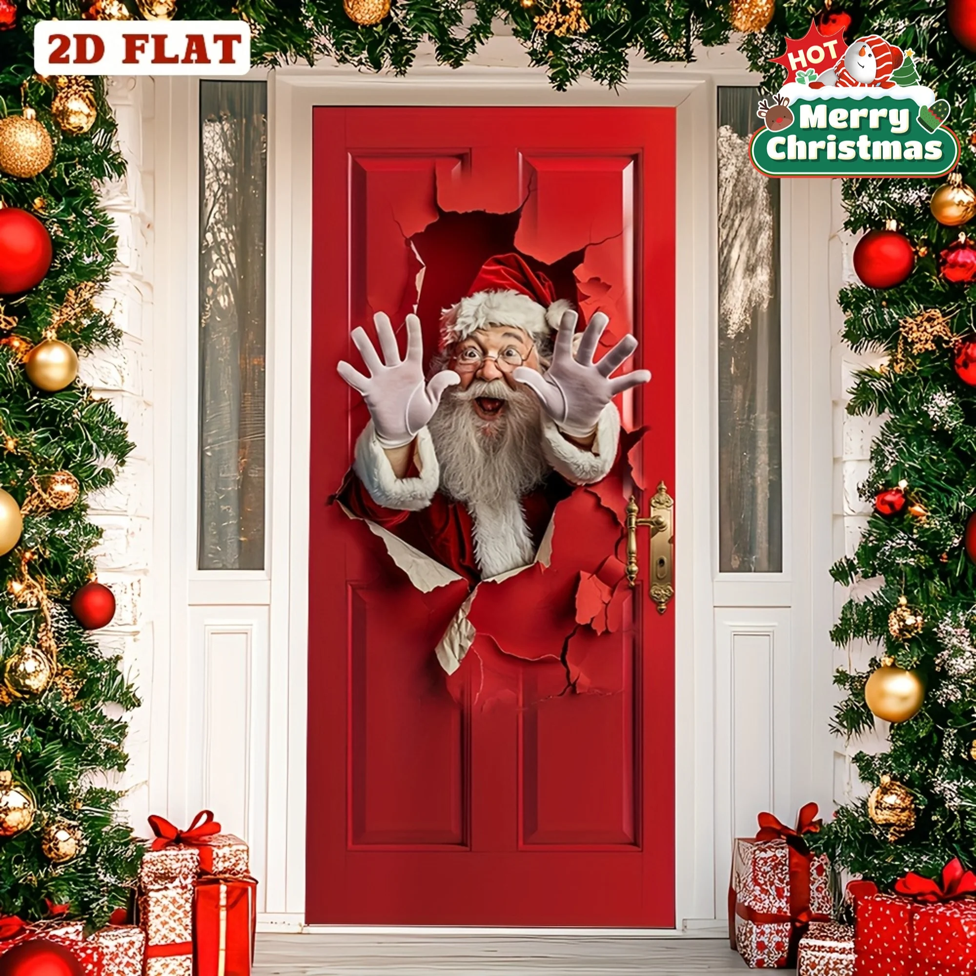 2D-Flachbanner, 1 Stück, Weihnachtsthema, Türabdeckung, Weihnachtsmann, lustiges Design, Zuhause, Party, Dekoration, festliche Lieferungen, Polyester-Hintergründe