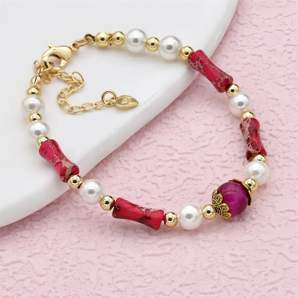 Mixed Natural Stone Gold Plated Bamboo Joint Imperial Stone Pearls Strand Beaded Bracelet for Women Jewelry