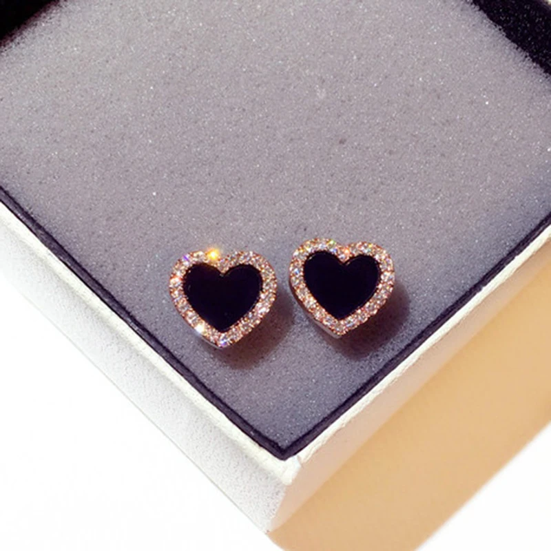 

New Fashion Simple Black Heart Shaped Zircon Earrings for Women Rose Gold Color Exquisite Temperament Wedding Party Jewelry Gift