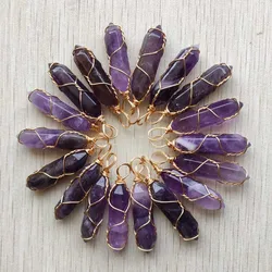 Natural amethyst stone pillar shape handmade gold color iron wire pendants for jewelry making free shipping Wholesale 20pcs/lot