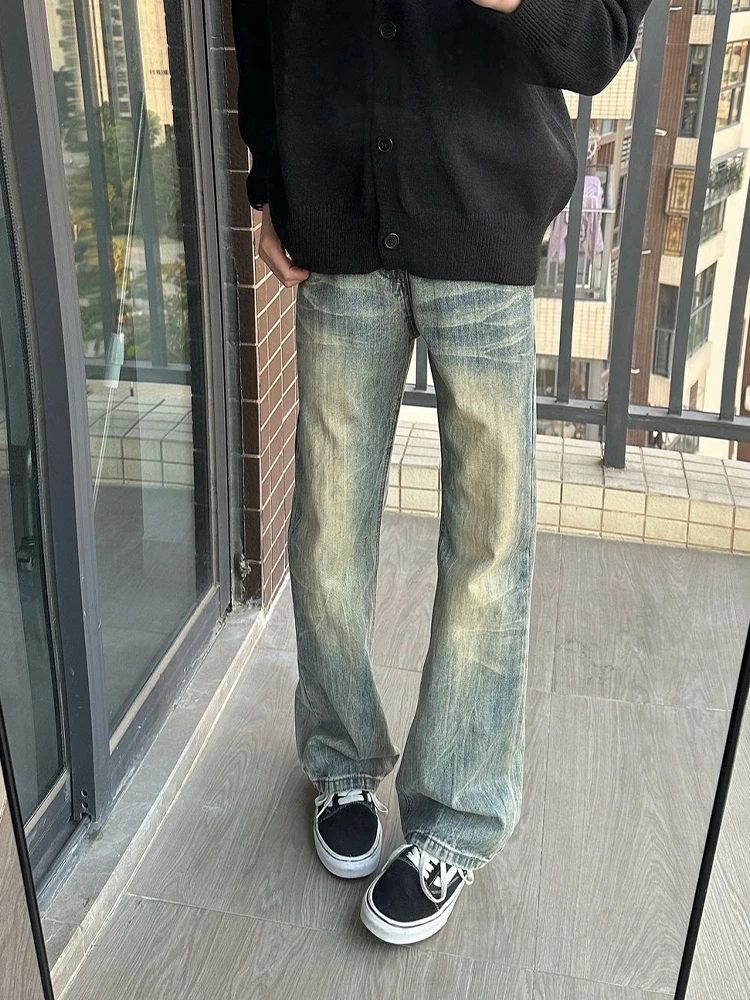 

American Lightning Pattern Slim Fit Straight Leg Jeans Men's Winter High Street Sle Narrow Version Bell Bot Long Pants