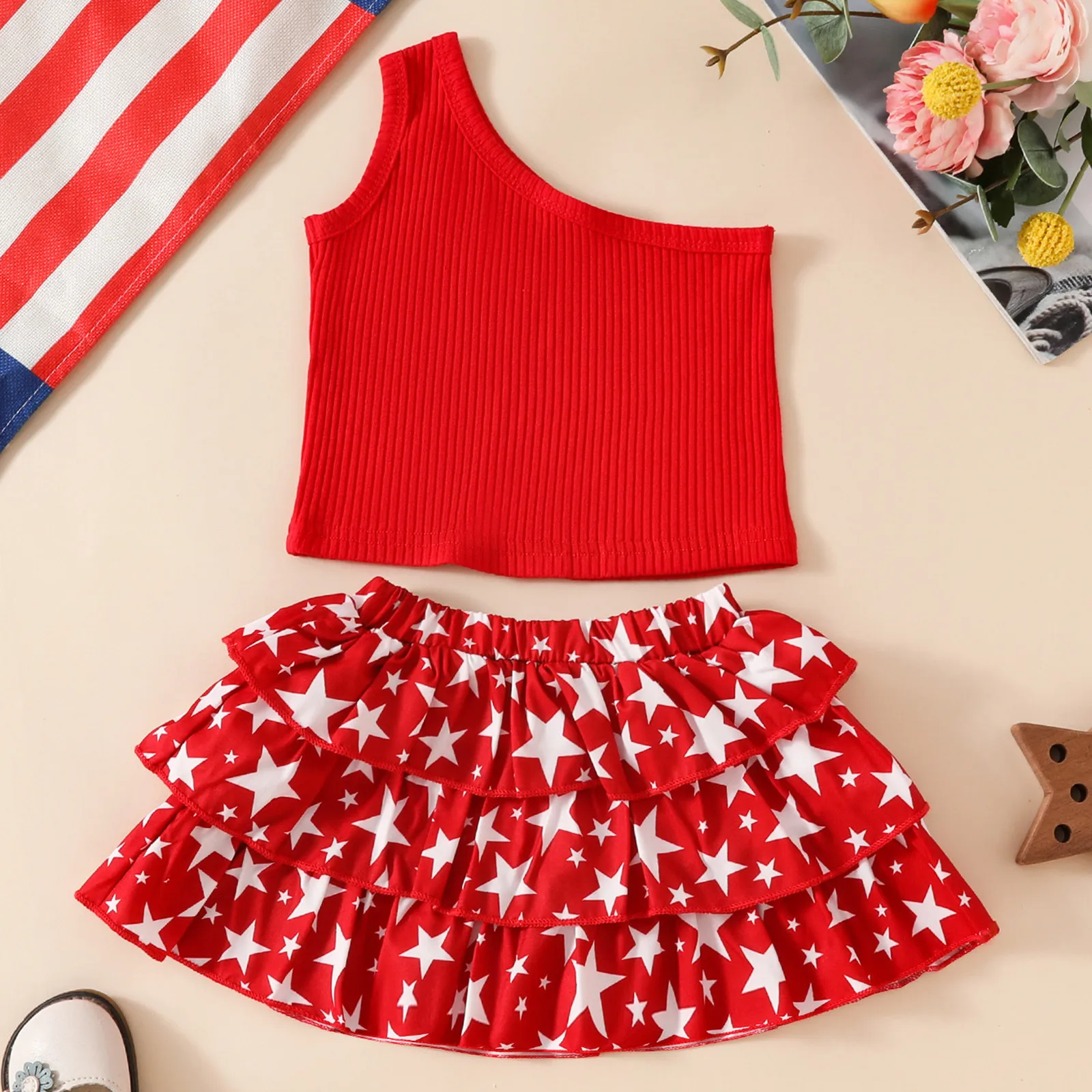 

0-4Y Independence Day Girls Clothes Sets Toddler Infant Kids Girls 4th of July Outfits One Shoulder Tank Tops Stars Print Skirts