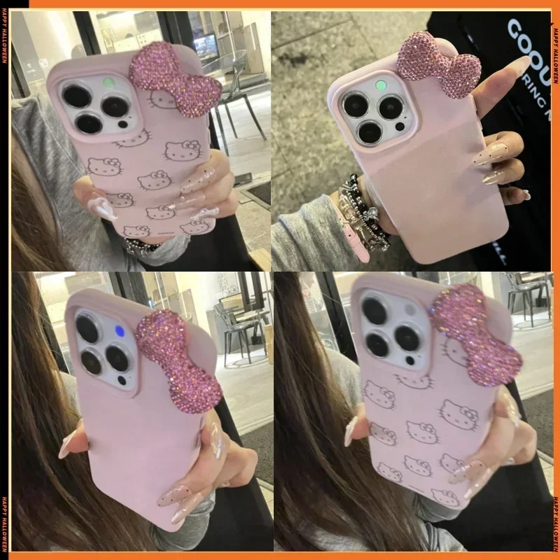 Sanrio Hello Kitty Luxury Diamond Bowknot Phone Case for IPhone 15 14 1312 Pro Max Cute Pink Shockproof Soft Case Christmas Gift