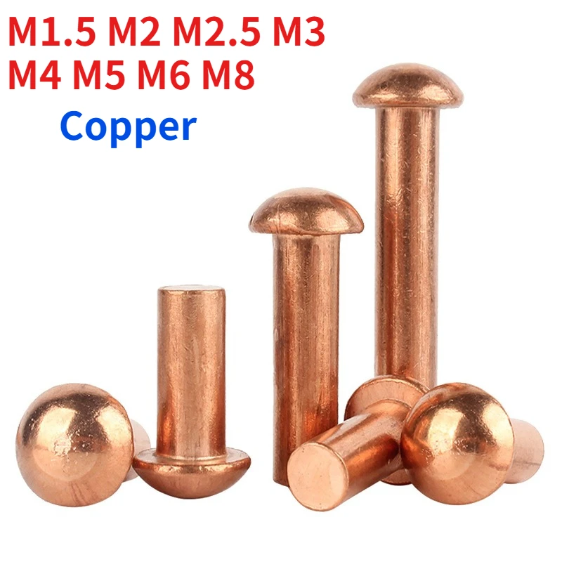 1-50pcs Solid Round-head, Semi-circular-head, Pure Copper Drive-in Rivets M1.5 M2 M2.5 M3 M4 M5 M6 M8  Length: 2–50 mm