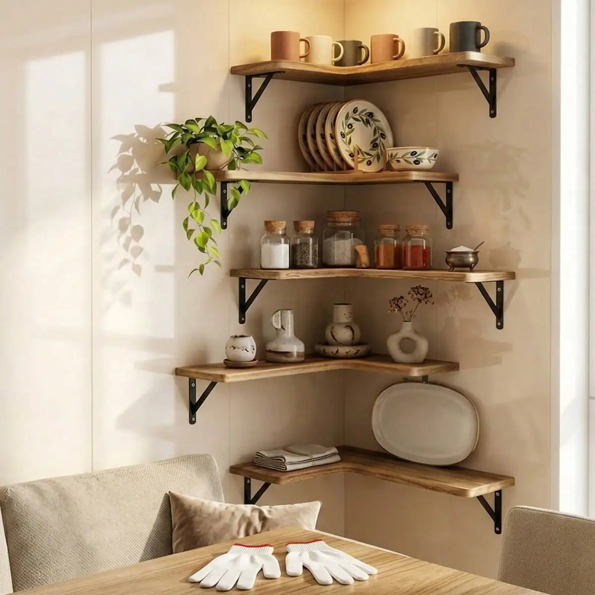 5-Piece Corner Floating Shelf/Wall Display Set—suitable for interior décor, wall displays, and use in bedrooms and living rooms.