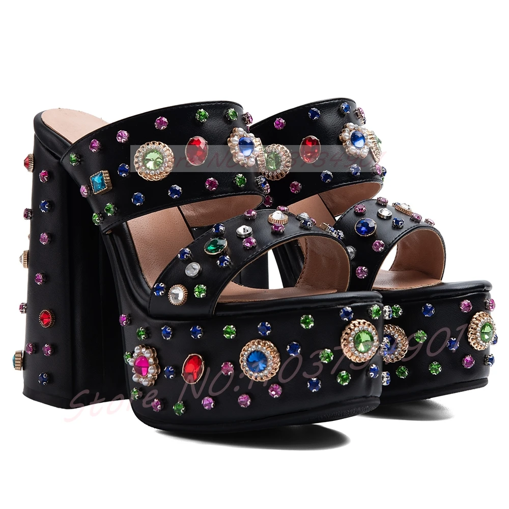 Colorful Crystal Platform Mule Sandals Women Stud Gems Open Round Toe Leather Block Heels Shoes Holiday Party Slip-On Sandals