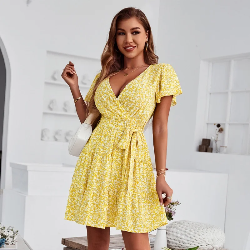 DY-Independent R & D and Design American Station Chest-Wrapped Dress Summer Floral Elegant Large Swing Skirt Leisure