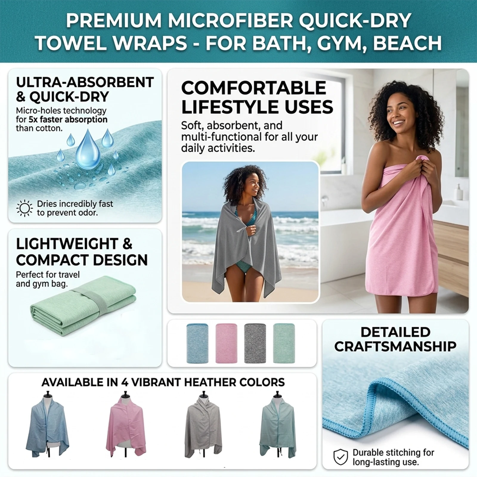 Lightweight Quick Dry Cationic Microfiber Towel Sand Resistant Machine Washable for Swim Camping Picnic Hiking Beach Mat