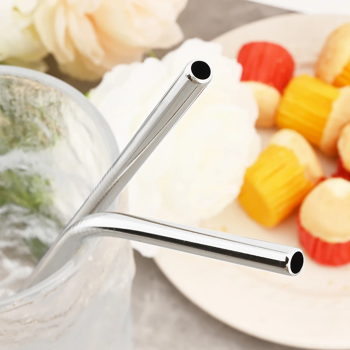 

4/8pcs Reusable Silver Straw Set 304 Stainless Steel Straw Straight Bent Drinking Straw With Cleaning Brush Home Bar Accessory