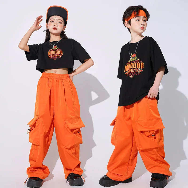 Ballroom Kids Hip Hop Clothing Oversize T Shirt Orange Casual Cargo Pants for Girl Boy Jazz Street Wear Dance Costume Clothes