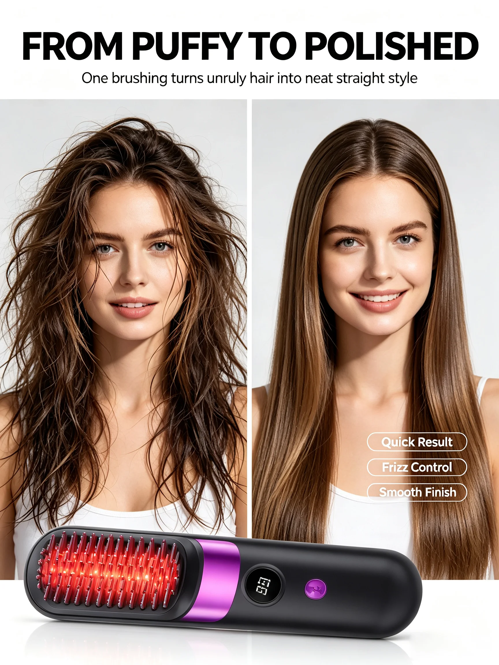 Portable Electric Hair Straightener Brush Fast Heating Anti-Frizz Straightening Comb Digital Temp Control for All Hair Types