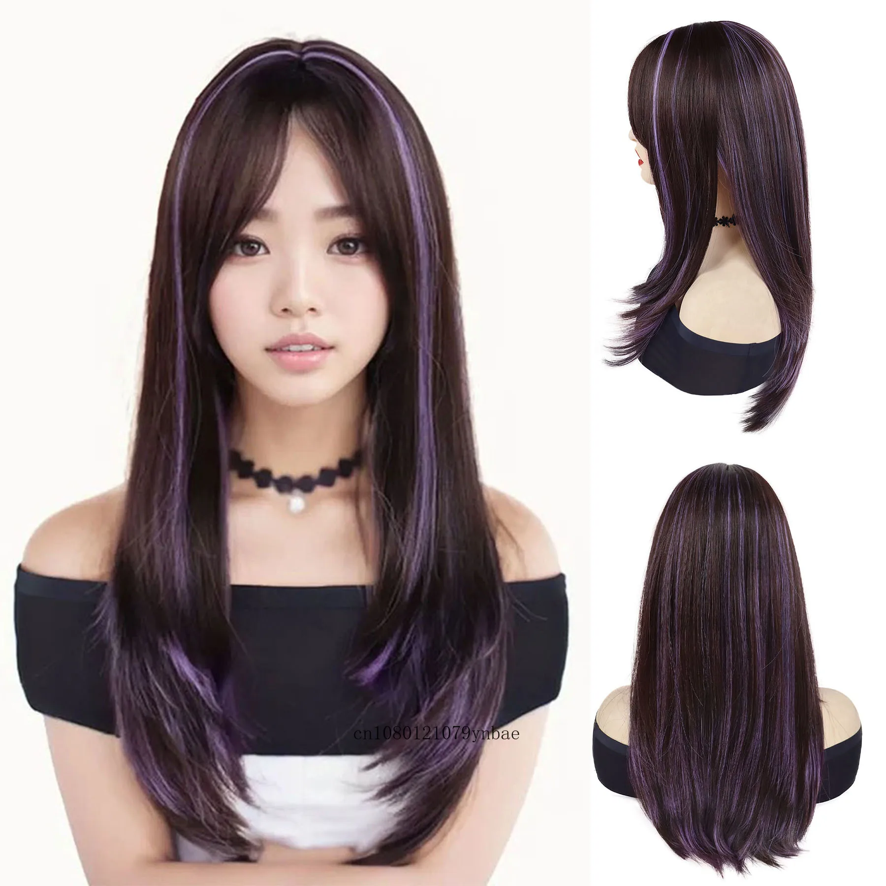 Brown Mix Purple Synthetic Wigs for Women 24inch Long Straight Wig with Bangs Heat Resistant Daily Costume Party Natural Looking