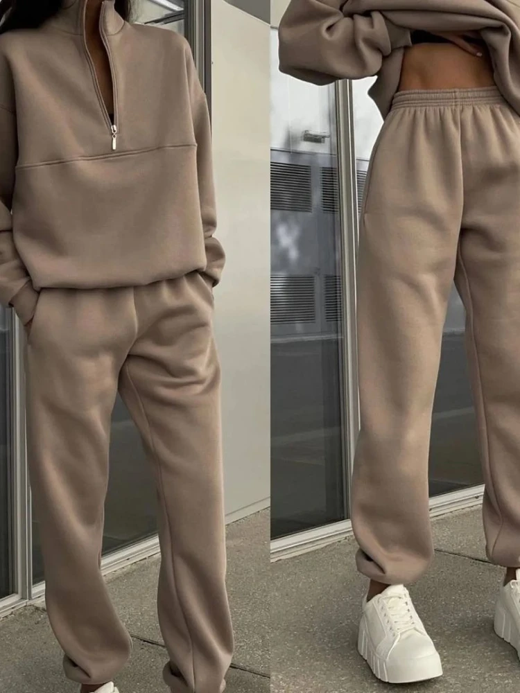 بلوزات وبنطلون عادية كم طويل الصوف قطعتين مجموعات بدلة سيدة 2023 المرأة رياضية الخريف الدافئة هوديي