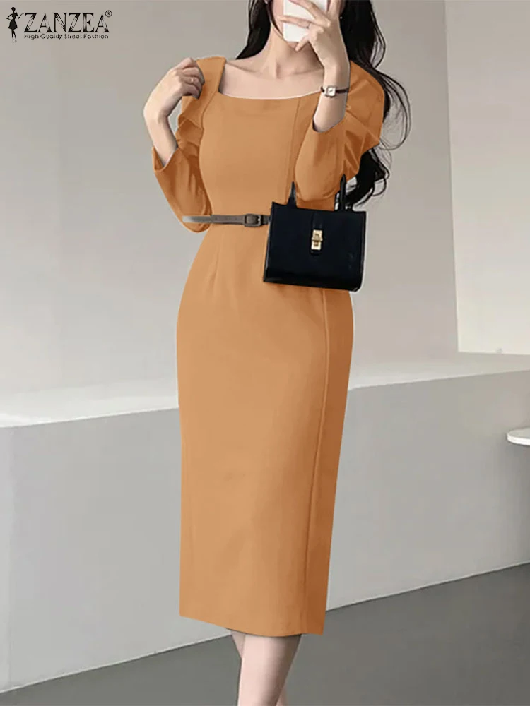 ZANZEA Elegancka damska dopasowana sukienka biurowa Lady z długim rękawem i kwadratowym dekoltem Party Vestidos 2025 Spring Solid Color Casual Long Robes