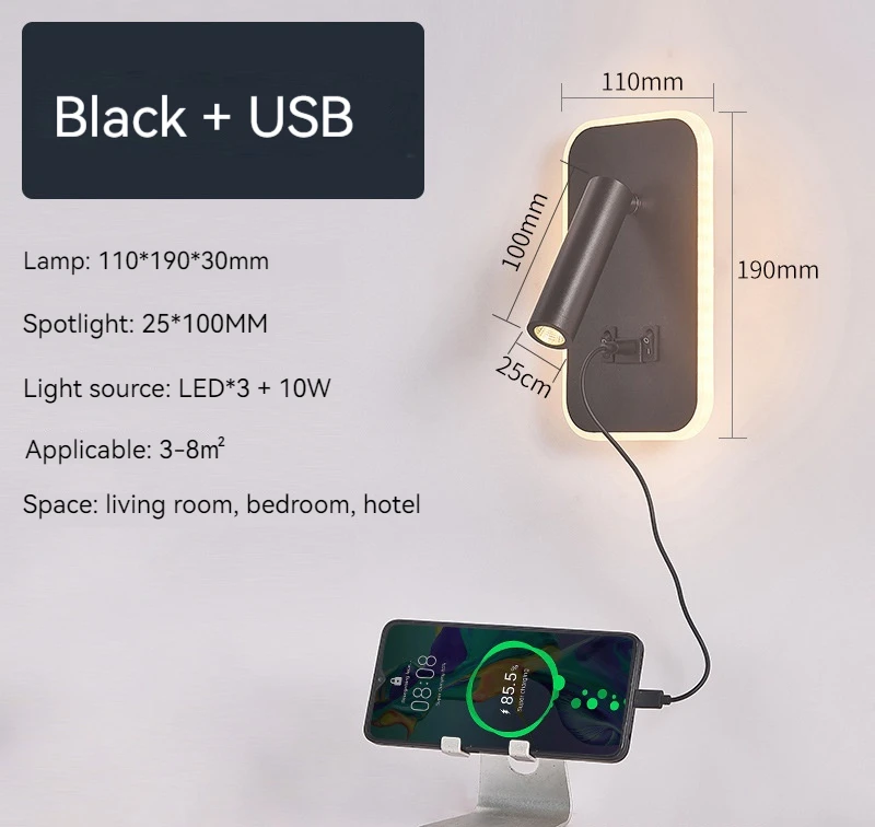 Nachtkastje wandlamp, LED wandlamp, wandgemonteerde leeslamp met schakelaar en USB-poort, draaibare wandkandelaar wandspot