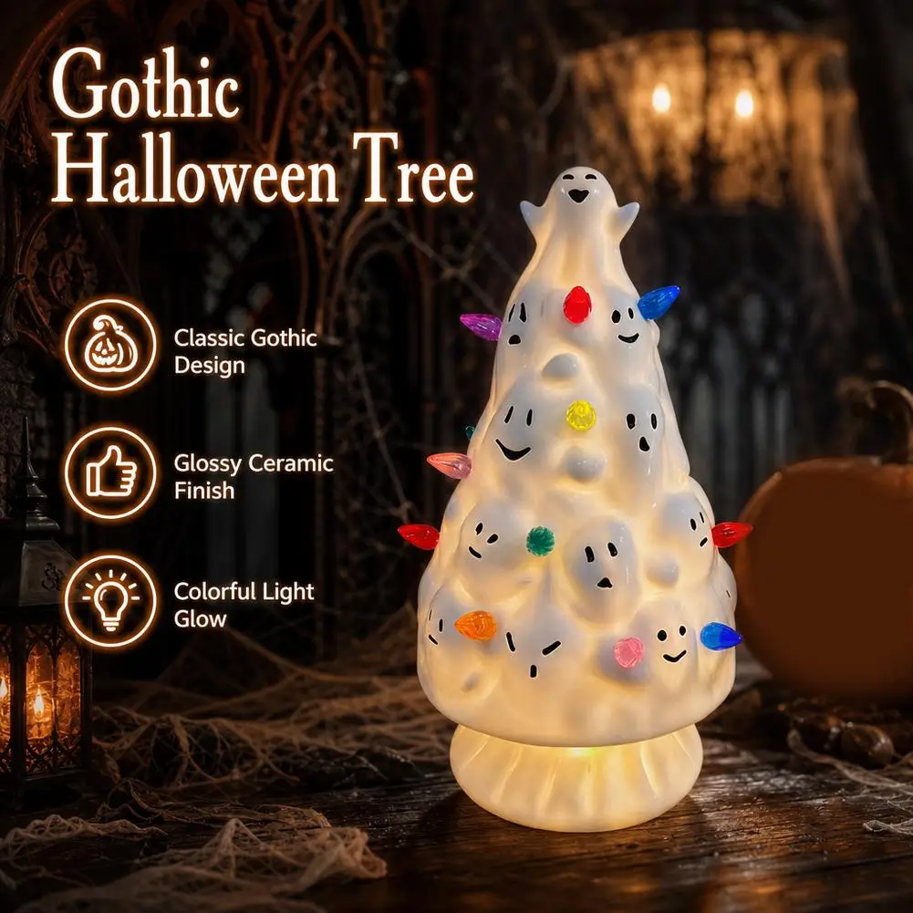 Halloween Ceramic Pumpkin Tree Light Up Figurine with Multicolor Bulbs Retro Gothic Tabletop Home Party Halloween Decoration