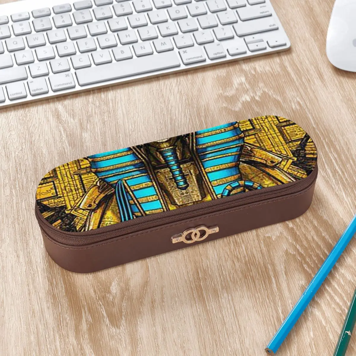 Egyptian Pharaoh With Golden Crown IllustrationLeather Pencil Cases Pencil Pouch Storage Stationery Supplies Pen Box
