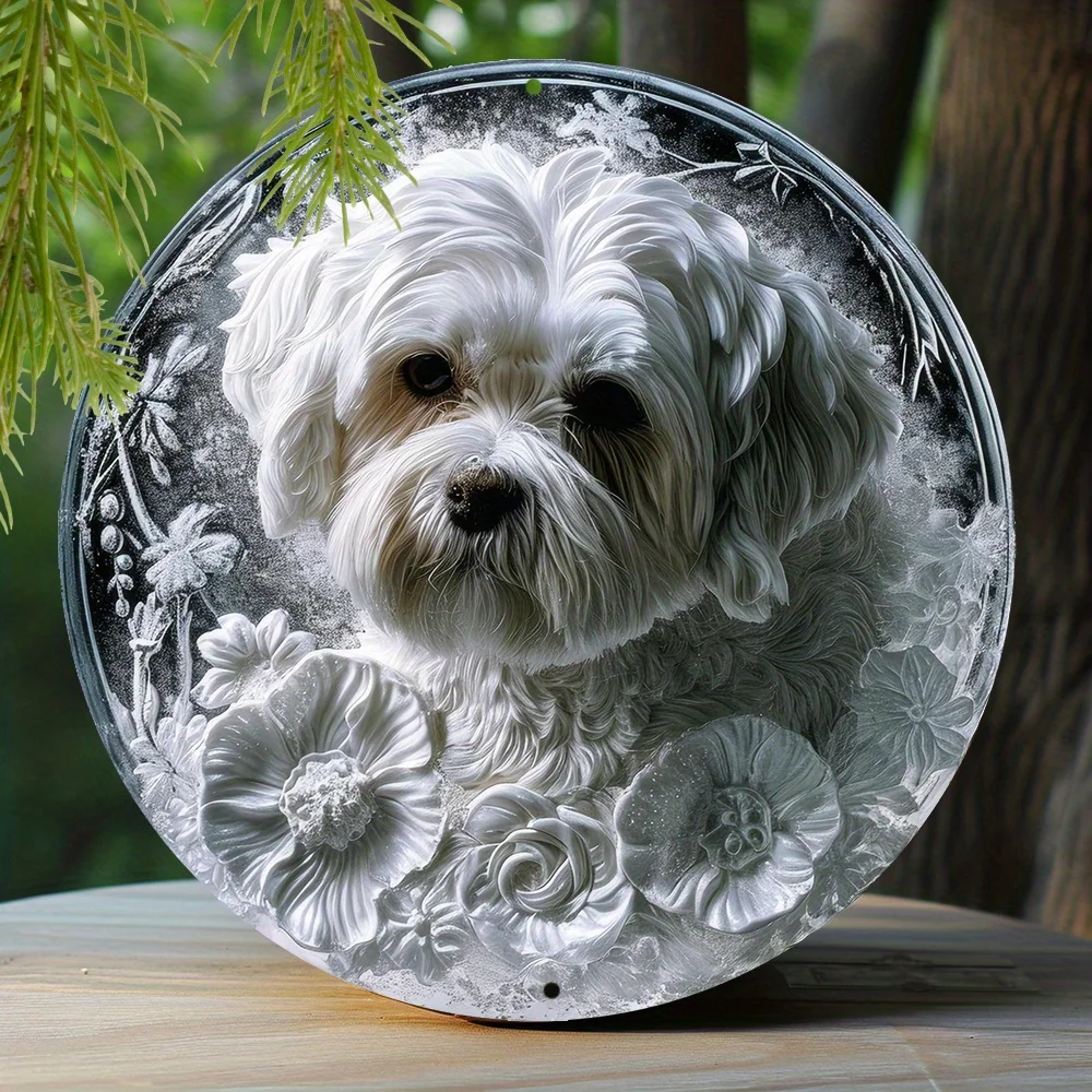 

Aluminum Metal Sign Bedroom Faux Ice Sculpture Window Decoration Round Wreath Sign Decoration Gift Shih Tzu Theme Decoration