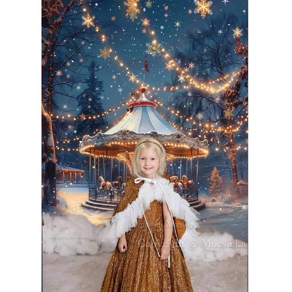 Christmas Photography Background Glitter Carousel Xmas Carnival Night Kid Birthday Party Backdrop Winter Snow Floor Decor Studio