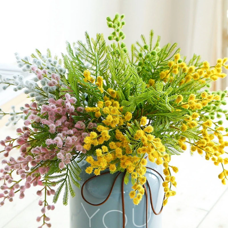 

Fake Acacia Artificial Flowers Yellow Mimosa Spray Cherry Fruit Branch Wedding Home Table Decoration Fake Flower Party Decor