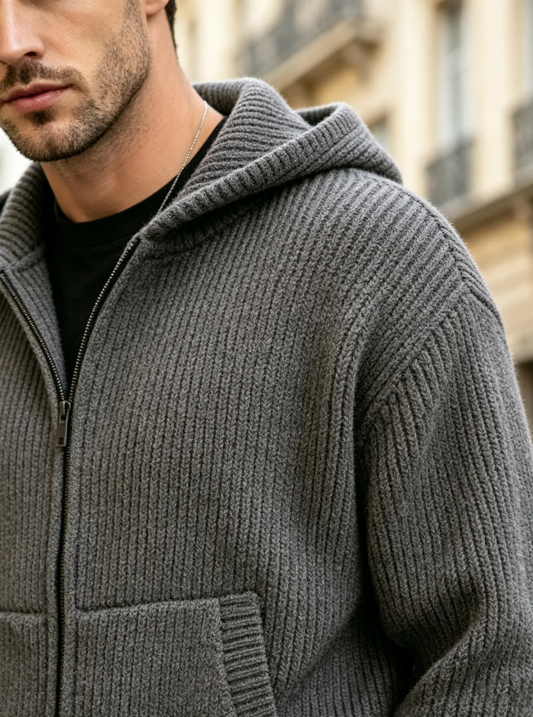 Herren Strickjacke mit Reißverschluss und Kapuze, locker geschnittene gerippte Strickjacke mit Taschen, langen Ärmeln, einfarbig, Streetwear für Herbst und Winter. – Detail 4