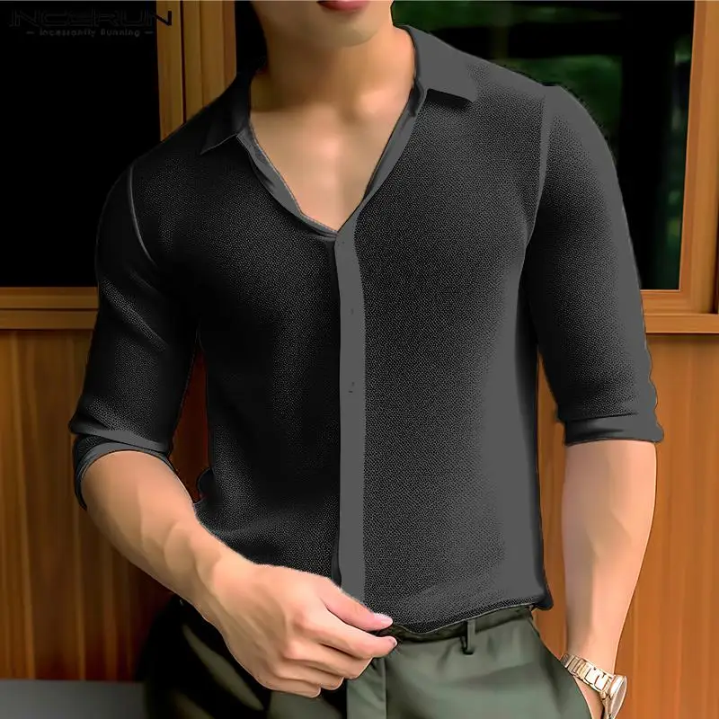 

INCERUN Men Shirt Lapel Half Sleeve Button Solid Color Transparent Casual Men Clothing Summer Streetwear Fashion Shirts 2024