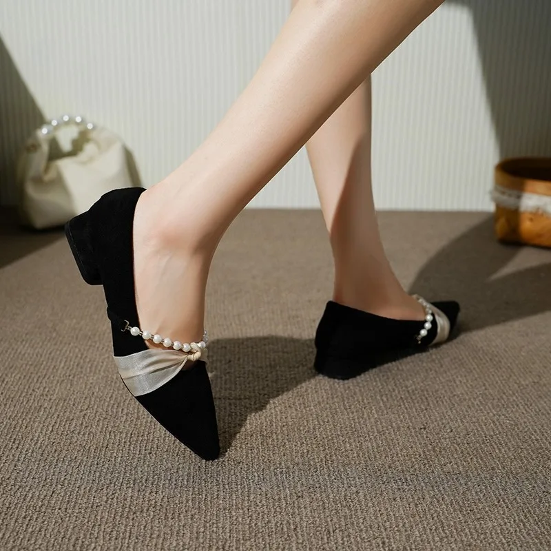 Women's Pearl Designer Bow Trim Low Heel Pump Beaded Dress Shoes Pointy Toe Boat Shoes Comfortable Vintage Basic Fashion Styles