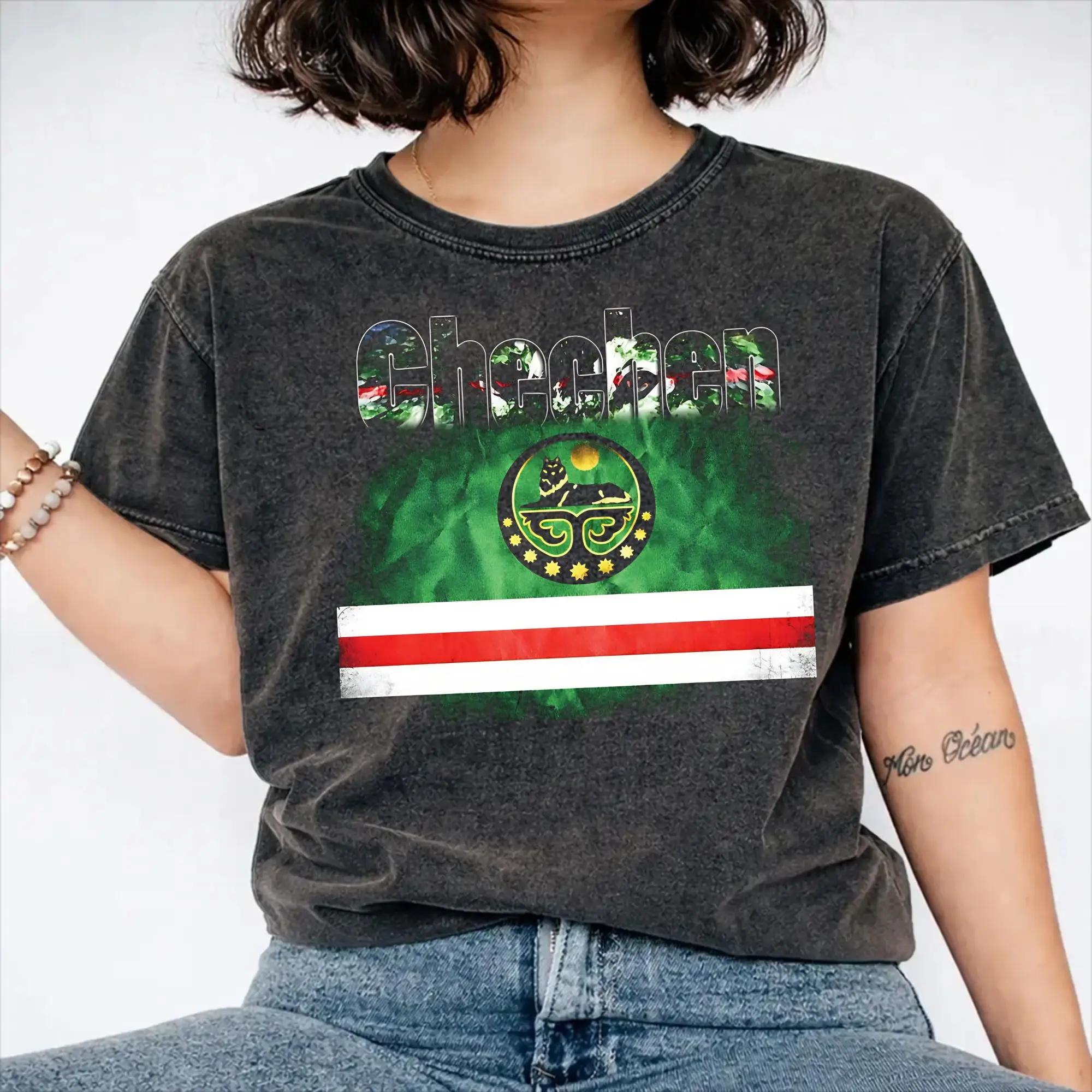 Harajuku Washed Shirt Coat of Arms of the Chechen Republic of Ichkeria Apparel Retro T-Shirts Harajuku  Streetwear Short Sleeve