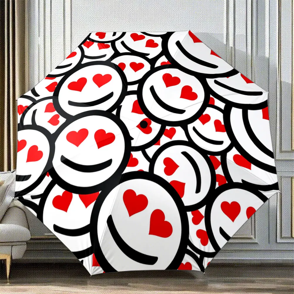 Funny Smile Face Red Heart Pattern Print, Portable Folding Umbrella, Gift for Family Friends