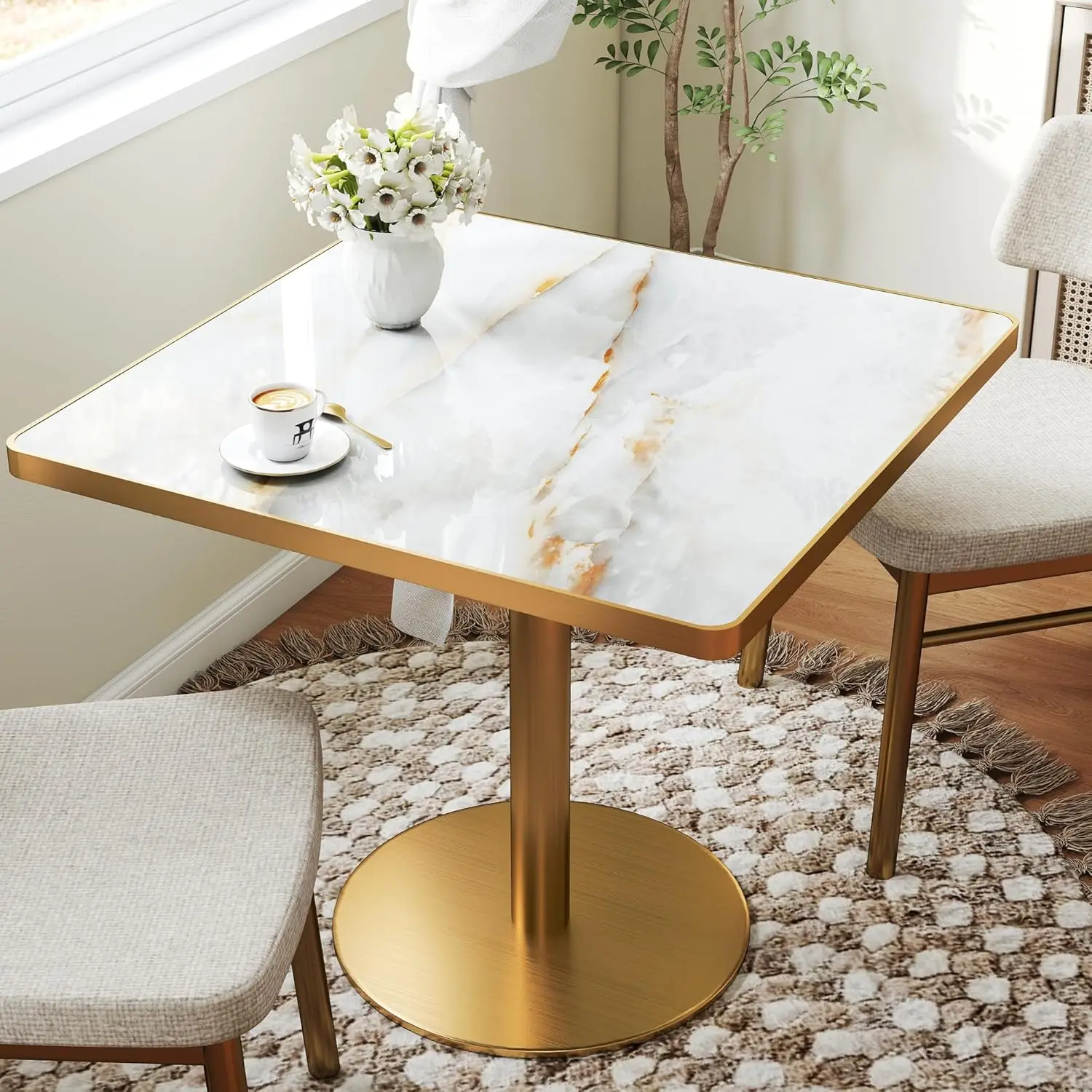

31.5" Square Dining Table Sintered Stone Top Titanium Golden Pedestal Heat-Resistant Bistro Kitchen Cafe Small Space, Custom