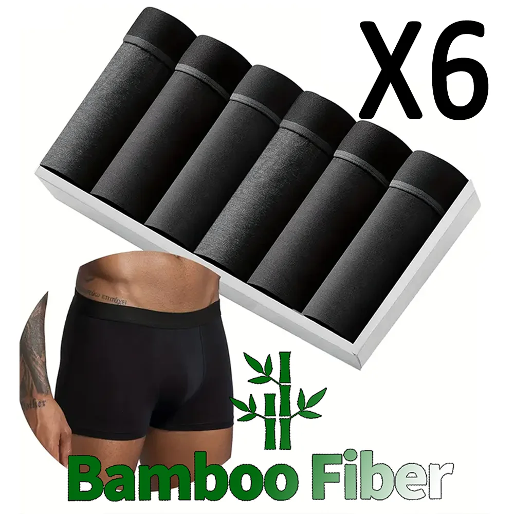 

6Pcs/Set Men's Bamboo Fiber Boxer Briefs Pure Black Antibacterial Breathable Soft Underwear