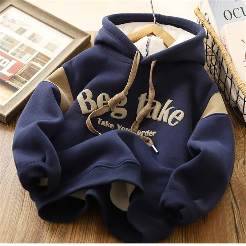 Boys Letter Printed Hoodies Children Thick Warm Casual Sweatshirts Kids Plus Velvet Drawstring Clothes Teen Fashion Tracksuit