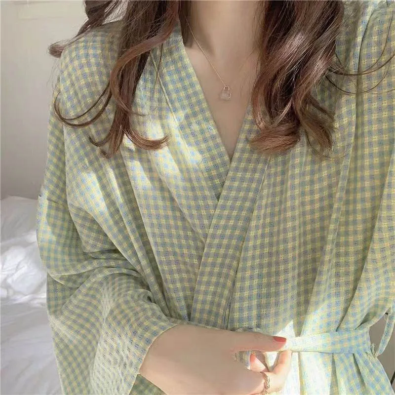 Abito scozzese per donna con cintura pigiameria camicia da notte autunno notte indossa camicia da notte pigiama verde manica lunga Homewear giapponese 2023