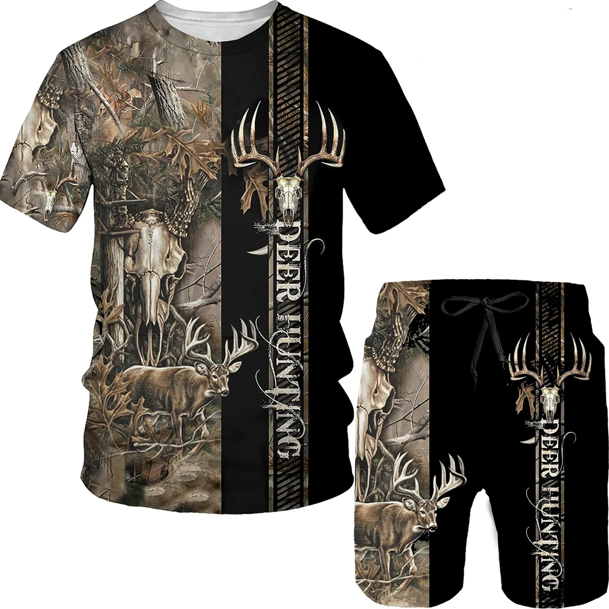 Men's Animal Deer Hunting Camo Print Shorts 2Pcs Sets 3D Print Two Piece Suit O-neck T shirt Women Fashion Sweatshirt  Clothes