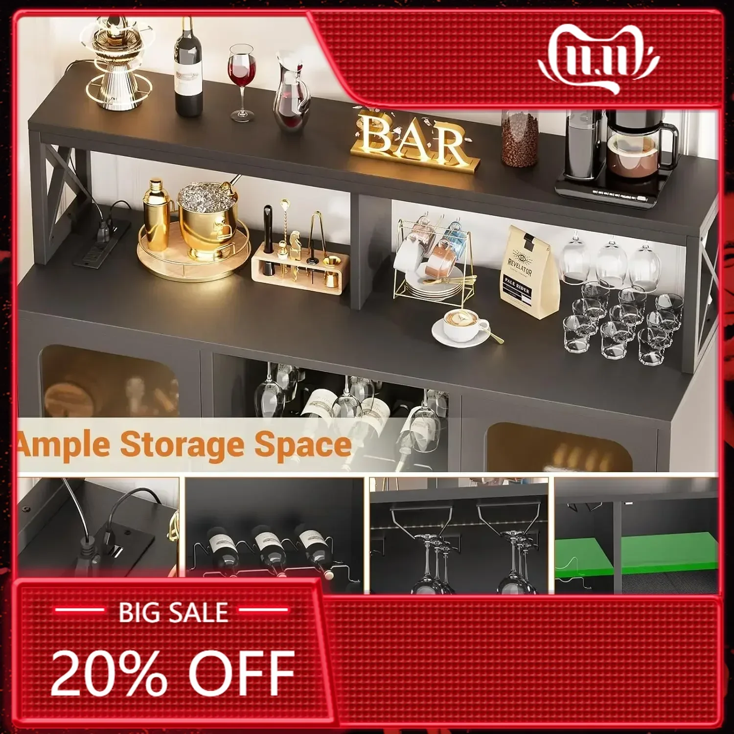 

Bar Cabinet with Power Outlets, Liquor Cabinet with Led Lights and Glass Holder, Storage Buffet Cabinet Coffee