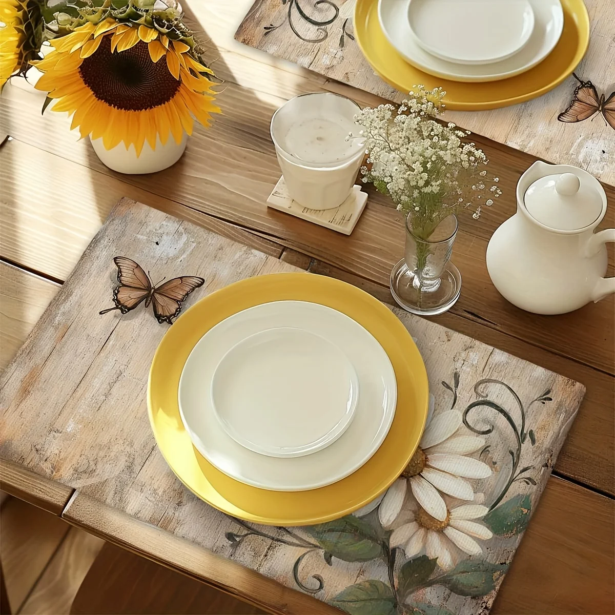 A Set of Four Decorative Placemats Featuring a Brown Butterfly Resting on White Daisy Vines And Flowers